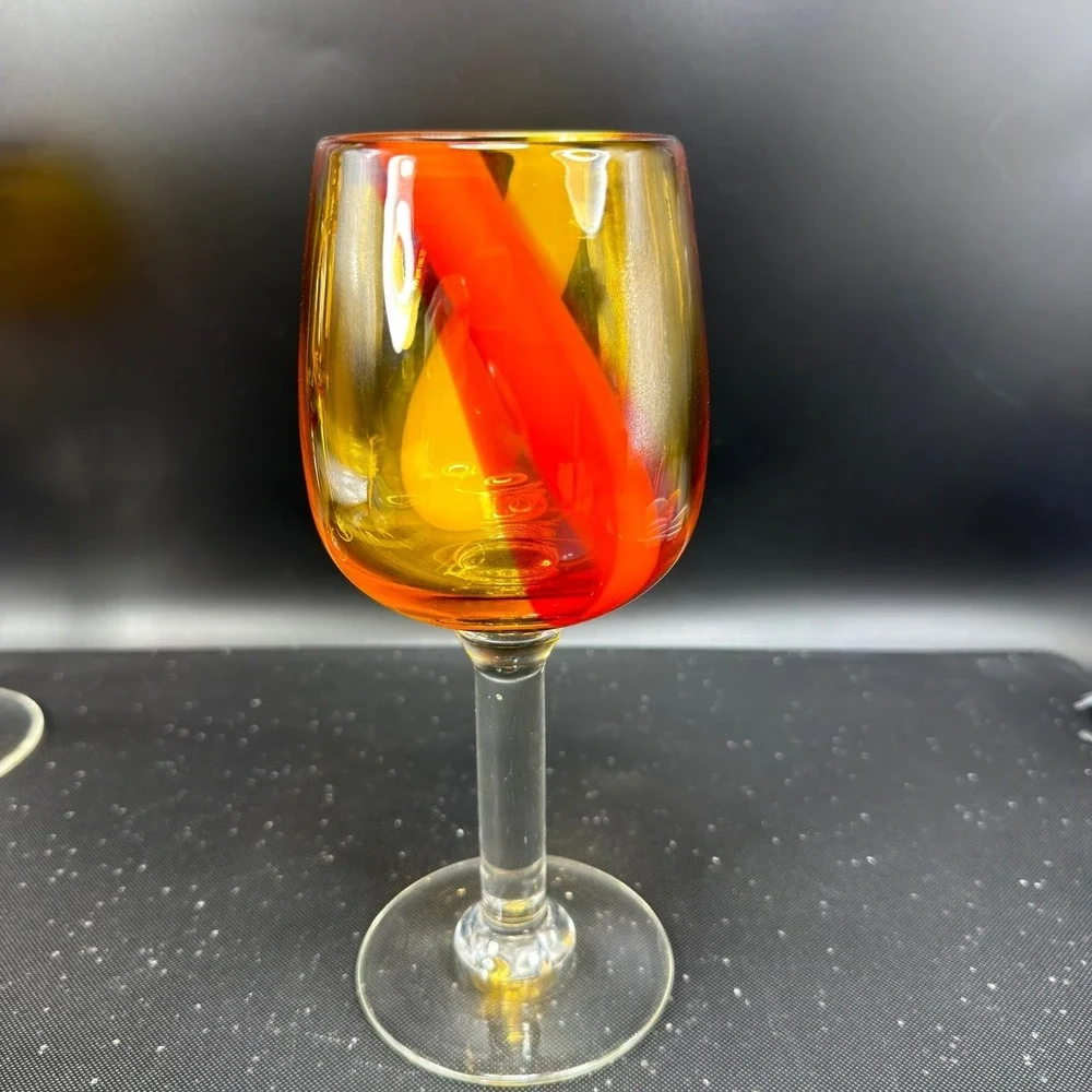 Pier 1 Hand Blown Art Glass Cups Glasses Set of 2 Amber Red Yellow Swirl Stripe